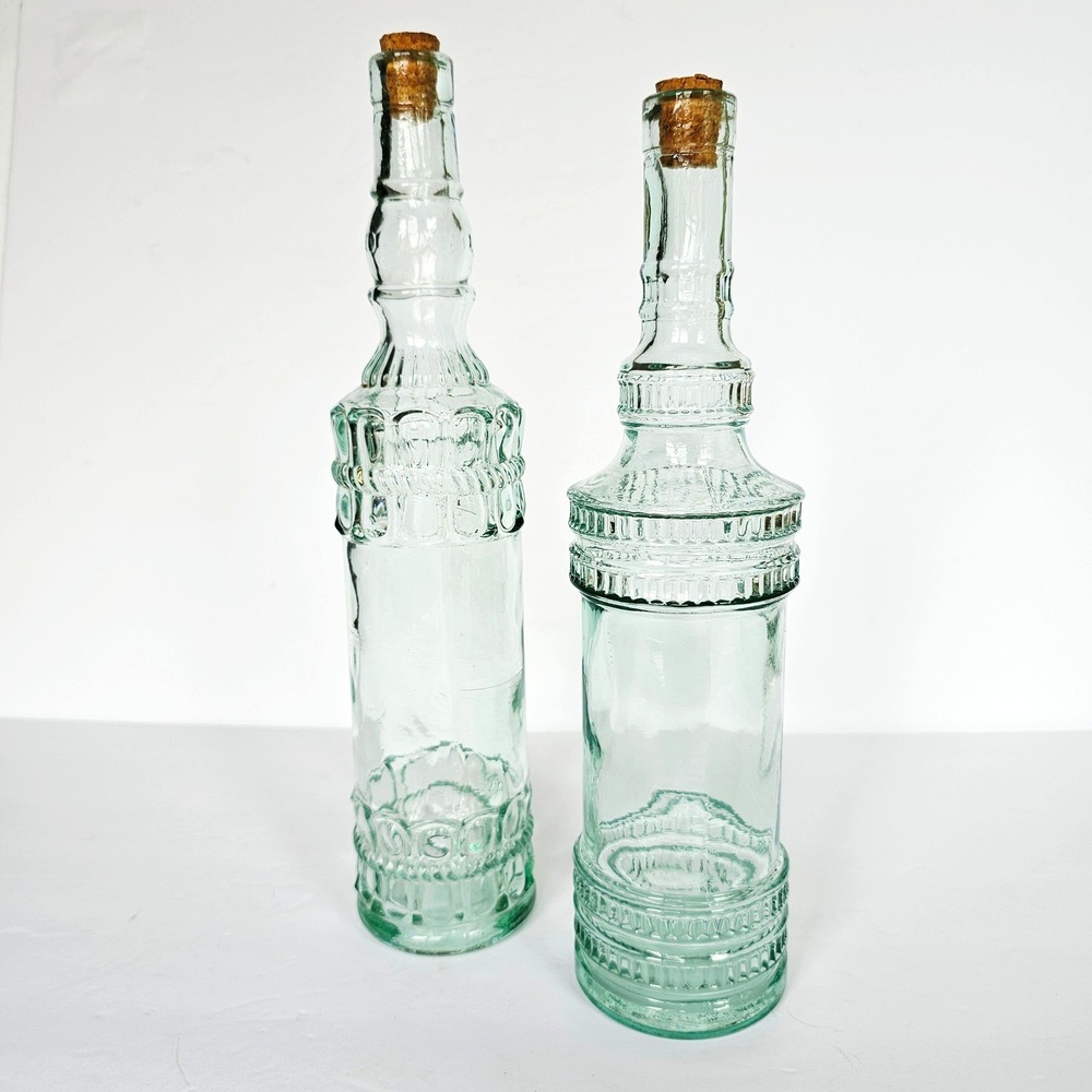 Vintage Green Glass Apothecary Decanter Bottles Embossed Pattern Cork Set of 2